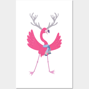 Funny Christmas Flamingo Reindeer Antlers Posters and Art